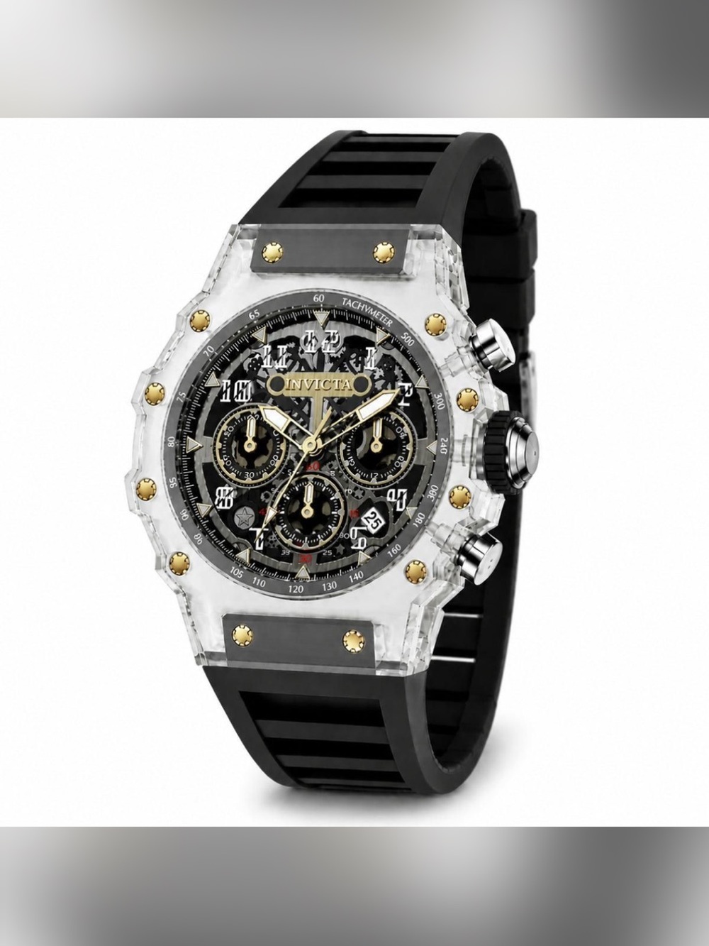 Invicta Black & Clear Chronograph Silicone Strap Watch with Gold Accents